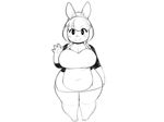  anthro apron barefoot big_breasts black_and_white blush breasts cleavage clothed clothing female hair lagomorph mammal monochrome ms._bunny rabbit short_stack smile solo tsudanym waving 