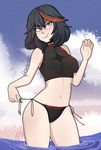  artist_name black_hair blush breasts clenched_hand cloud cloudy_sky contrapposto cowboy_shot day elixirmy image_sample kill_la_kill matoi_ryuuko multicolored_hair short_hair silver_eyes skin_tight sky smirk solo standing streaked_hair string_bikini swimsuit thighhighs tumblr_sample water 