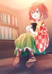  apron bangs bell blush book boots brown_eyes brown_footwear brown_hair checkered checkered_kimono eyebrows_visible_through_hair full_body hair_bell hair_ornament highres holding holding_book japanese_clothes kimono kisamu_(ksmz) long_sleeves looking_at_viewer motoori_kosuzu open_mouth shelf sitting solo touhou twintails wide_sleeves yellow_apron 