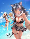 :d animal_ears ass bangs bikini black_bikini black_hair black_ribbon black_skirt blue_eyes blue_sky breasts cleavage closed_eyes commentary_request day fang flower front-tie_top grey_wolf_(kemono_friends) hat hat_feather hat_flower heterochromia highres jumping kaban_(kemono_friends) kemono_friends large_breasts long_hair looking_at_viewer miniskirt multicolored_hair multiple_girls navel open_mouth orange_eyes outdoors plaid plaid_skirt reaching_out ribbon self_shot serval_(kemono_friends) serval_ears serval_print shibi silver_hair skirt sky smile summer swimsuit thigh_gap thigh_ribbon water wet white_hat 
