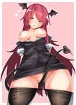  black_legwear blush breasts commentary_request convenient_censoring demon_girl demon_tail head_wings highres koakuma kz_oji long_hair looking_at_viewer medium_breasts nipples no_panties pantyhose pantyhose_pull red_eyes red_hair solo standing tail tail_censor touhou very_long_hair 