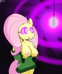  2015 anthro areola big_breasts breasts clothed clothing crystal dr._chaos equine erect_nipples feathered_wings feathers female fluttershy_(mlp) friendship_is_magic fur glowing glowing_eyes hair holding_breast horse mammal mind_control my_little_pony nipples open_mouth partially_clothed pegasus pink_hair pony simple_background solo spiral_eyes sweater tongue wings yellow_fur 