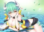  arm_support bikini blush breasts demon_horns fate/grand_order fate_(series) green_hair heart horns kiyohime_(fate/grand_order) large_breasts long_hair looking_at_viewer polearm qixi_cui_xing smile solo spear swimsuit weapon yellow_eyes 