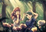  1girl alm_(fire_emblem) anocurry celica_(fire_emblem) dress fire_emblem fire_emblem_echoes:_mou_hitori_no_eiyuuou fire_emblem_gaiden flower forest green_hair hair_flower hair_ornament hetero nature red_hair smile tree 