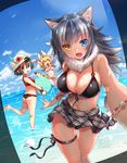  :d animal_ears ass bangs bikini black_bikini black_hair black_ribbon black_skirt blue_eyes blue_sky breasts cleavage closed_eyes day fang flower front-tie_top grey_wolf_(kemono_friends) hat hat_feather hat_flower heterochromia highres jumping kaban_(kemono_friends) kemono_friends large_breasts long_hair looking_at_viewer miniskirt multicolored_hair multiple_girls navel open_mouth orange_eyes outdoors plaid plaid_skirt reaching_out ribbon self_shot serval_(kemono_friends) serval_ears serval_print shibi silver_hair skirt sky smile summer swimsuit thigh_gap thigh_ribbon water wet white_hat 