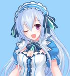  ;d bow breasts cleavage fairy_fencer_f frills hairband lolita_hairband long_hair medium_breasts one_eye_closed open_mouth red_eyes ribbon smile suta_(clusta) tiara_(fairy_fencer_f) white_hair 