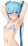  abmayo absurdres aqua_eyes aqua_hair armpits arms_up blush breasts cleavage closed_mouth collarbone hair_between_eyes hair_ornament hatsune_miku highres long_hair looking_at_viewer navel simple_background small_breasts solo striped_bikini_top twintails very_long_hair vocaloid wavy_mouth white_background 