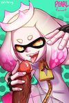  2017 beauty_mark cephalopod clothing crown cum dark_skin duo ebluberry erection fangs female fingerless_gloves gloves hair humanoid inkling male male/female marine mask naughty_face nintendo not_furry open_mouth orgasm pearl_(splatoon) penis short_hair splatoon squid tentacle_hair tentacles tongue tongue_out video_games yellow_eyes 