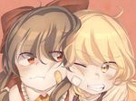  ahoge bad_id bad_twitter_id bandaid bandaid_on_face bangs blonde_hair blush bow brown_eyes brown_hair cheek-to-cheek clenched_teeth closed_mouth commentary_request eyebrows_visible_through_hair face hair_between_eyes hair_bow hair_ornament hair_tubes hakurei_reimu iiha_toobu kirisame_marisa looking_at_another looking_to_the_side multiple_girls one_eye_closed orange_background red_background red_bow red_eyes simple_background teeth touhou yellow_eyes 