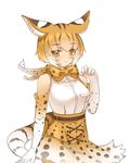  animal_ears bare_shoulders blonde_hair bow bowtie claw_pose closed_mouth cowboy_shot elbow_gloves expressionless extra_serval_(kemono_friends) eyebrows_visible_through_hair gloves high-waist_skirt kemono_friends looking_at_viewer print_gloves print_neckwear print_skirt qtsuki serval_ears serval_print serval_tail shirt short_hair simple_background skirt sleeveless sleeveless_shirt solo striped_tail tail white_background white_shirt yellow_eyes 
