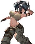  black_gloves blue_eyes blue_hair breasts cleavage crop_top gloves large_breasts leona_heidern long_hair midriff muscle navel oro_(sumakaita) ponytail shorts solo tank_top the_king_of_fighters the_king_of_fighters_xiv 