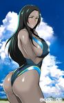  ass bare_shoulders black_hair blush breasts brown_eyes cloud cloudy_sky competition_swimsuit day fate_(series) large_breasts lips long_hair one-piece_swimsuit scheherazade_(fate/grand_order) shibusun sideboob sky solo swimsuit thighs 