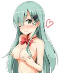  ;) aikawa_ryou aqua_hair blush bow bowtie breasts covering_nipples eyebrows_visible_through_hair green_eyes heart highres kantai_collection long_hair looking_at_viewer medium_breasts mouth_hold navel nude one_eye_closed simple_background smile solo suzuya_(kantai_collection) upper_body white_background 