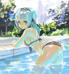  absurdres aqua_eyes ass bikini black_bikini black_hairband blue_hair blush breasts character_request commentary_request day hairband highres long_hair looking_at_viewer medium_breasts outdoors pool puribate_(helgoland) sideboob solo swimsuit wading water 