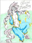  2010 anthro arabian biped black_fur black_stripes blue_bottomwear blue_clothing blue_pants blue_topwear bracelet bushycat clothed clothing equine front_view full-length_portrait fur hair hi_res hooves jewelry long_hair long_tail looking_at_viewer male mammal marker_(artwork) multicolored_fur navel pants portrait signature simple_background sitting snout solo striped_fur stripes stripes_(character) traditional_media_(artwork) two_tone_fur vest white_background white_fur white_hair white_tail zebra 