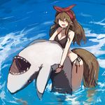  :d bare_shoulders bikini black_bikini breasts brown_hair collarbone day fang fish hair_between_eyes head_scarf holding_fish lansane long_hair looking_at_viewer medium_breasts open_mouth original outdoors ribbon shark side-tie_bikini signature smile solo swimsuit tail tsana_(lansane) wading water wolf_tail wristband yellow_eyes 