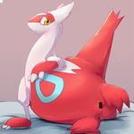  1girl amber_eyes anus arm_support bar_censor bed_sheet censored claws d5ma dragon grey_background hand_on_own_chest highres latias lying no_humans on_side pokemon pokemon_(creature) pokemon_rse presenting pussy pussy_juice pussy_juice_drip simple_background solo wings 