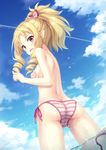  ass back bikini bikini_top_removed blonde_hair blue_sky bow breasts brown_eyes cloud covering covering_breasts day drill_hair eromanga_sensei from_behind hair_bow highres long_hair looking_at_viewer looking_back md5_mismatch outdoors pointy_ears side-tie_bikini sky small_breasts solo standing striped striped_bikini swimsuit tomifumi topless wading water wet yamada_elf 