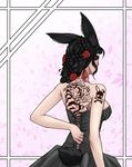  animal_ears arms_behind_back back back_tattoo bare_shoulders black_dress black_hair braid breasts bunny_ears bunny_girl bunny_tail copyright_request corset cowboy_shot dress ear_piercing earrings facing_away floral_background flower french_braid from_behind hair_flower hair_ornament hand_on_back highres jewelry less medium_breasts piercing pink_background red_flower rose scratching skull_and_crossbones skull_tattoo solo standing strapless strapless_dress tail tattoo tiger_tattoo 
