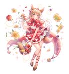  animal_ears apple blue_eyes blush brown_hair eyebrows_visible_through_hair flower food fox_ears fox_tail fruit full_body long_hair looking_at_viewer original ozzingo parted_lips smile solo tail 