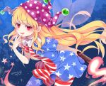  1girl american_flag_dress american_flag_legwear bangs blush chikuwa_savi clownpiece dress eyebrows_visible_through_hair fairy_wings fire floating_hair hand_up hat jester_cap leaning_forward licking_lips long_hair looking_at_viewer neck_ruff pantyhose pink_eyes polka_dot purple_hat short_dress short_sleeves sky solo star star_(sky) star_print starry_sky striped tongue tongue_out torch touhou transparent_wings twitter_username wings 