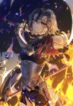  ahoge armor banner blonde_hair breasts cowboy_shot eyebrows_visible_through_hair fate/grand_order fate_(series) gauntlets headpiece hm_(wonhml) holding holding_sword holding_weapon jeanne_d'arc_(alter)_(fate) jeanne_d'arc_(fate)_(all) looking_at_viewer medium_breasts pixiv_fate/grand_order_contest_2 short_hair slit_pupils smile solo standing sword weapon yellow_eyes 