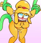  abdominal_bulge animal_crossing anthro bell bent_over big_breasts blonde_hair blush bottomless bound breasts canine clothed clothing cum cum_inside dog female from_behind_position fur green_eyes hair hair_tie hi_res isabelle_(animal_crossing) mammal nintendo nipples partially_clothed pedrovin sex shirt shocked simple_background solo tentacle_sex tentacles video_games vincios yellow_fur 