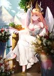  angel angel_wings arm_rest armlet backlighting bad_id bad_pixiv_id bangs bare_shoulders bird blurry blurry_foreground breasts bush cleavage cloud cross-laced_clothes crossed_legs day depth_of_field diffraction_spikes dove dress earrings eyebrows_visible_through_hair eyelashes feathers flower flower_request head_chain head_wings high_heels highres hoop_earrings horns jewelry kimjunho large_breasts lens_flare lips long_dress long_hair looking_afar looking_away necklace off_shoulder on_chair orange_eyes orange_hair original outdoors parted_lips pointy_ears pyramid reflective_floor robe rose single_head_wing sitting sky solo spiked_necklace stairs strapless strapless_dress sunlight teeth throne tree underbust vase wings 