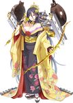  arrow bare_shoulders black_hair bow_(weapon) breasts castle cleavage crown emerane fingerless_gloves floral_print full_body gloves hair_between_eyes hair_over_one_eye holding holding_arrow holding_bow_(weapon) holding_weapon japanese_clothes kimono large_breasts long_hair mole mole_under_eye official_art oshiro_project oshiro_project_re red_eyes shachihoko smile solo tamonyama_(oshiro_project) transparent_background very_long_hair weapon yuujo 