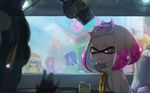  bare_shoulders blush can commentary_request crown domino_mask fingerless_gloves gameplay_mechanics gloves highres hime_(splatoon) iida_(splatoon) inkling kashu_(hizake) mask microphone mole mole_under_mouth multicolored_hair parted_lips peeping pink_hair short_eyebrows short_hair splatoon_(series) splatoon_2 stalking symbol-shaped_pupils tentacle_hair two-tone_hair white_hair window zipper 