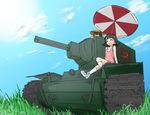  alina_(girls_und_panzer) black_hair casual caterpillar_tracks day emblem girls_und_panzer grass ground_vehicle hat hoshikawa_(hoshikawa_gusuku) kv-2 military military_vehicle motor_vehicle multiple_girls nina_(girls_und_panzer) pravda_(emblem) short_hair sky tank umbrella white_legwear 