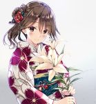  1girl arashio_(kantai_collection) bangs blush brown_eyes brown_hair closed_mouth commentary_request eyebrows_visible_through_hair floral_print flower hair_between_eyes hair_bun hair_flower hair_ornament happy_new_year holding holding_flower japanese_clothes kantai_collection kanzashi kimono kobayashi_chisato looking_at_viewer new_year obi print_kimono red_flower sash short_hair side_bun smile solo upper_body white_flower white_kimono 