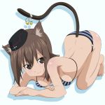  1girl all_fours animal_ears ass bikini blush breasts brown_eyes brown_hair cat_ears cat_tail collarbone full_body girls_und_panzer hat looking_at_viewer medium_breasts medkzk nishizumi_maho short_hair simple_background smile solo striped striped_bikini swimsuit swimwear tail top-down_bottom-up white_background 