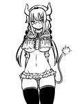  adapted_costume alternate_breast_size arms_behind_back black_legwear blush breasts commentary cowboy_shot frills frown glasses greyscale highres horns invader kanna_kamui kobayashi-san_chi_no_maidragon large_breasts looking_at_viewer lowleg lowleg_panties midriff monochrome older panties skindentation solo sweatdrop tail thigh_gap thighhighs underboob underwear white_background 