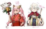  1boy 1girl arrow black_gloves dark_skin dated feh_(fire_emblem_heroes) fire_emblem fire_emblem_heroes fire_emblem_if flower gloves hair_ornament holding holding_arrow holding_staff japanese_clothes kimono laevateinn_(fire_emblem_heroes) lilith_(fire_emblem_if) long_hair male_my_unit_(fire_emblem_if) my_unit_(fire_emblem_if) nintendo open_mouth pink_hair pointy_ears red_eyes robaco short_hair short_sleeves simple_background staff twintails twitter_username upper_body white_background white_hair 