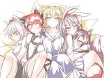  animal_ears bare_arms bare_shoulders black_dress black_skirt blonde_hair blush bow braid breast_smother breasts brown_hair bunny_ears cat_ears collar collarbone commentary_request dress extra_ears eyebrows_visible_through_hair fox_ears fox_tail frilled_collar frilled_sleeves frills group_hug hair_between_eyes hair_bow hair_over_one_eye half-closed_eyes hand_on_another's_shoulder hand_on_own_chest hand_up hat hug imaizumi_kagerou inubashiri_momiji kaenbyou_rin knees_up kuroba_rapid lavender_hair leg_lock long_hair long_sleeves looking_afar looking_at_another looking_at_viewer looking_up medium_breasts medium_skirt multiple_girls multiple_tails nekomata no_hat no_headwear off-shoulder_dress off_shoulder pleated_skirt pom_pom_(clothes) purple_skirt red_eyes red_hair reisen_udongein_inaba shirt short_hair short_sleeves silver_hair simple_background sitting skirt sleeveless sleeveless_shirt sweat tabard tail tokin_hat touhou twin_braids white_background white_dress white_shirt wolf_ears wolf_tail yakumo_ran yellow_eyes 