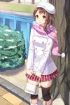  black_legwear blush boots brown_hair coat highres hopepe knee_boots medium_hair nisekoi onodera_kosaki parted_lips pink_scarf pink_skirt scarf skirt snow snowing solo thighhighs white_coat white_footwear winter_clothes winter_coat 