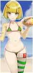  3: arms_(game) beach beanie bikini blonde_hair blush breasts day food ginji74 green_eyes hat looking_at_viewer min_min_(arms) navel noodles short_hair single_thighhigh small_breasts solo swimsuit thighhighs 