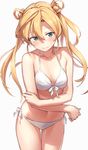  abukuma_(kantai_collection) bikini blonde_hair blue_eyes blush breasts closed_mouth cowboy_shot crossed_arms front-tie_bikini front-tie_top hair_between_eyes hair_rings kantai_collection kinosuke_(sositeimanoga) leaning_forward long_hair looking_at_viewer navel side-tie_bikini simple_background small_breasts solo sweatdrop swimsuit twintails white_background white_bikini 