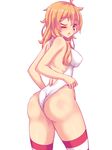  ahoge ass bare_shoulders body_blush breasts covered_nipples cowboy_shot eyebrows_visible_through_hair facepaint fast-runner-2024 from_behind highres large_breasts long_hair looking_at_viewer looking_back one-piece_swimsuit one_eye_closed orange_eyes orange_hair original red_eyes shiny shiny_skin simple_background striped striped_legwear swimsuit thighhighs tiffy white_background white_swimsuit 