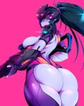  ass back_cutout black_gloves blue_hair breasts cowboy_shot female gloves head_mounted_display huge_ass large_breasts lipstick long_hair looking_at_viewer looking_back nail_polish overwatch ponytail purple purple_hair purple_skin simple_background solo tied_hair very_long_hair visor widowmaker_(overwatch) yellow_eyes 