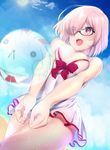  :d ball beach beachball black-framed_eyewear blue_sky breasts cleavage commentary_request cowboy_shot day dress dutch_angle eyebrows_visible_through_hair eyes_visible_through_hair fate/grand_order fate_(series) fou_(fate/grand_order) glasses hair_over_one_eye highres hisayaki_kyuu lavender_hair lens_flare looking_at_viewer mash_kyrielight medium_breasts ocean open_mouth outdoors purple_eyes short_hair sky smile solo sun sundress sweat thighs white_dress 