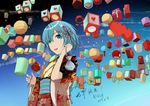  aiqing artist_name blue_eyes blue_hair blush building_block candy_apple cube dated eyebrows_visible_through_hair food hair_ornament highres night night_sky parted_lips re:zero_kara_hajimeru_isekai_seikatsu rem_(re:zero) short_hair signature sky smile solo star_(sky) starry_sky teeth upper_body x_hair_ornament 