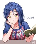  1girl :o argyle bangle bangs blue_hair blue_shirt blush book bracelet braid buttons character_name chin_rest collarbone crown_braid hand_up holding holding_book idolmaster idolmaster_million_live! jewelry kuri_choko looking_at_viewer nanao_yuriko open_book parted_lips sanpaku shirt short_sleeves sidelocks signature simple_background solo white_background yellow_eyes 