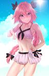  astolfo_(fate) black_bow blush bow braid closed_mouth eyebrows_visible_through_hair fate/apocrypha fate/grand_order fate_(series) hair_bow highres hisayaki_kyuu long_hair looking_at_viewer male_focus navel otoko_no_ko pink_hair smile solo 