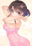  :t beige_background breasts brown_eyes brown_hair character_request cleavage covered_navel covered_nipples fujishima-sei_ichi-gou highres medium_breasts naked_towel pink_towel pout short_hair signature solo towel twitter_username upper_body wet 
