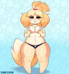  2017 animal_crossing anthro breasts canine clothing digital_media_(artwork) female fur hair half-closed_eyes isabelle_(animal_crossing) looking_at_viewer mammal nintendo nipples solo somescrub thick_thighs video_games 