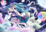  aqua_hair blue_eyes boots eighth_note hatsune_miku head_wreath_removed kyashii_(a3yu9mi) long_hair looking_at_viewer magical_mirai_(vocaloid) microphone moon musical_note night one_eye_closed open_mouth skirt solo thigh_boots thighhighs twintails very_long_hair vocaloid wand 