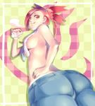  1girl asuna_(pokemon) blue_jeans breasts large_breasts looking_at_viewer milk nintendo pokemon red_eyes red_hair sideboob solo 