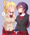  arms_behind_back ayase_eli blonde_hair blush box colored_eyelashes commentary_request eyebrows_visible_through_hair feeding grey_background heart heart-shaped_box high_ponytail highres kuuya_(ayahata43) long_hair love_live! love_live!_school_idol_project multiple_girls ponytail purple_hair school_uniform skirt smile sonoda_umi spoken_heart yellow_eyes yuri 